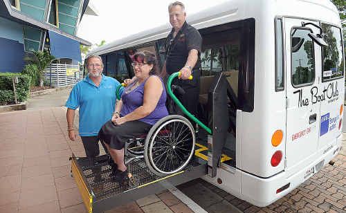 One of the two new specially equipped buses for Hervey Bay Boat Club - Ed Gibson (mgr) with Katrina Hughes and bus co-ordinator Steve Linfoot. One of the two new specially equipped buses for Hervey Bay Boat Club - Ed Gibson (mgr) with Katrina Hughes and bus co-ordinator Steve Linfoot.